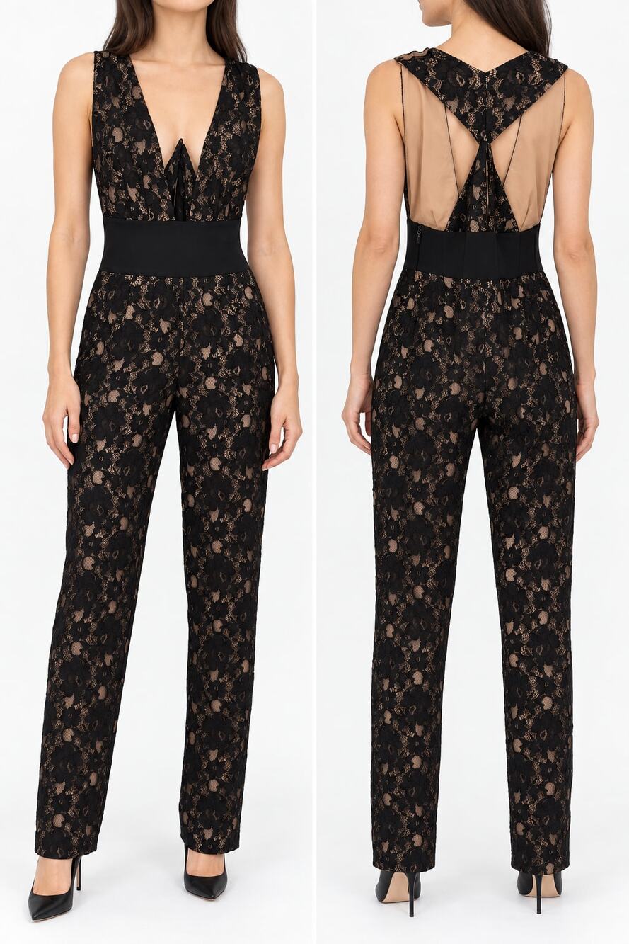 BCBGMAXAZRIA Women's Black Floral Lace Jumpsuit Size 0 Evening Formalwear Sexy